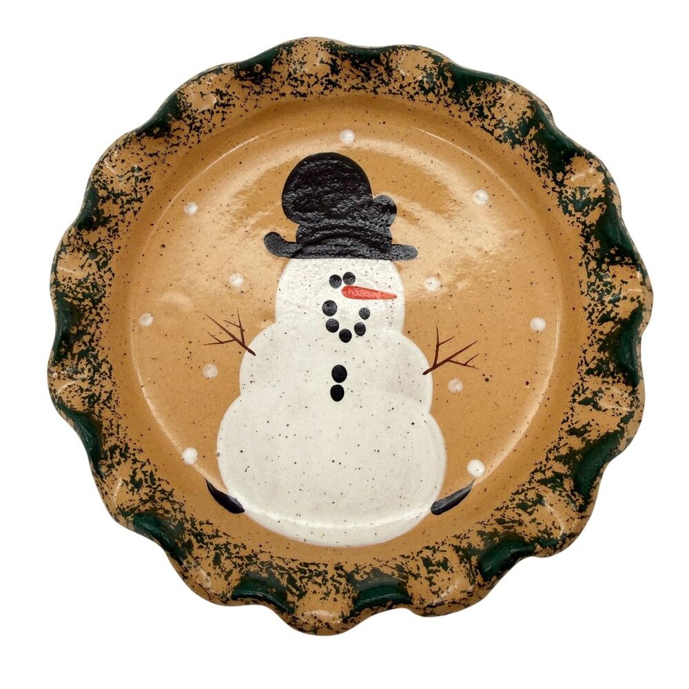 Three Rivers Pottery Snowman Side Plate Ruffled Green Spongeware Ohio USA Vtg